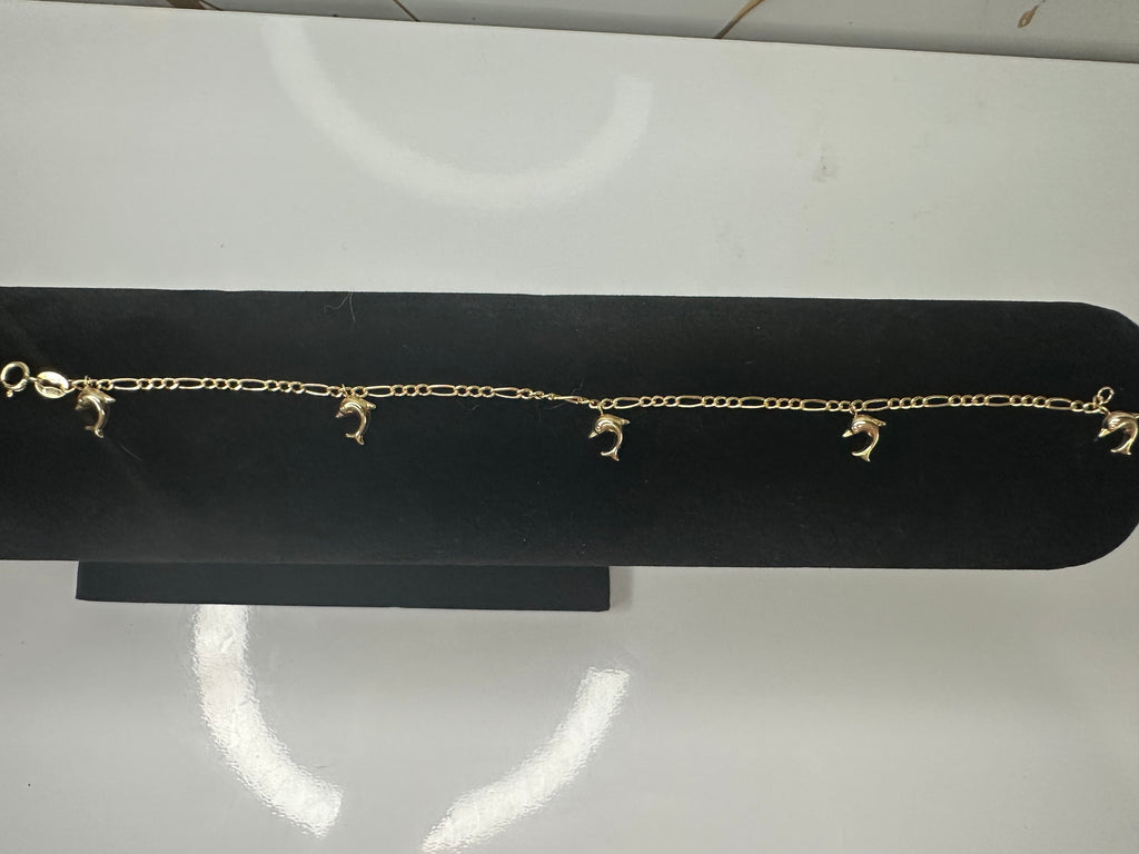 Manilla Figaro de Oro 10K con Cinco Delfines Colgantes - Size 7